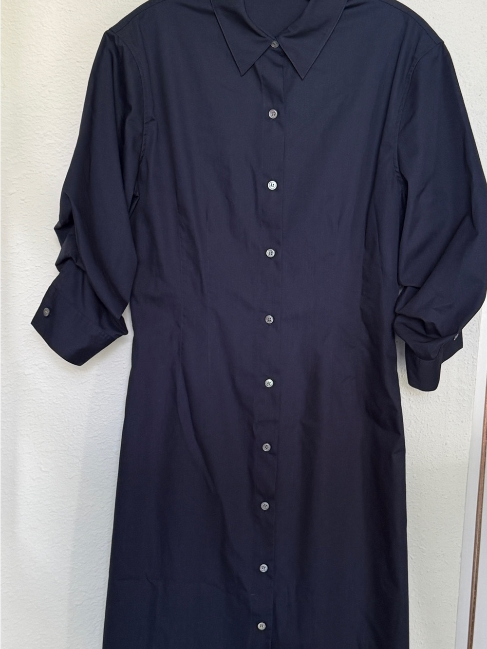 Theory Women’s Ruched Sleeve Navy Button-Up Shirt Dress